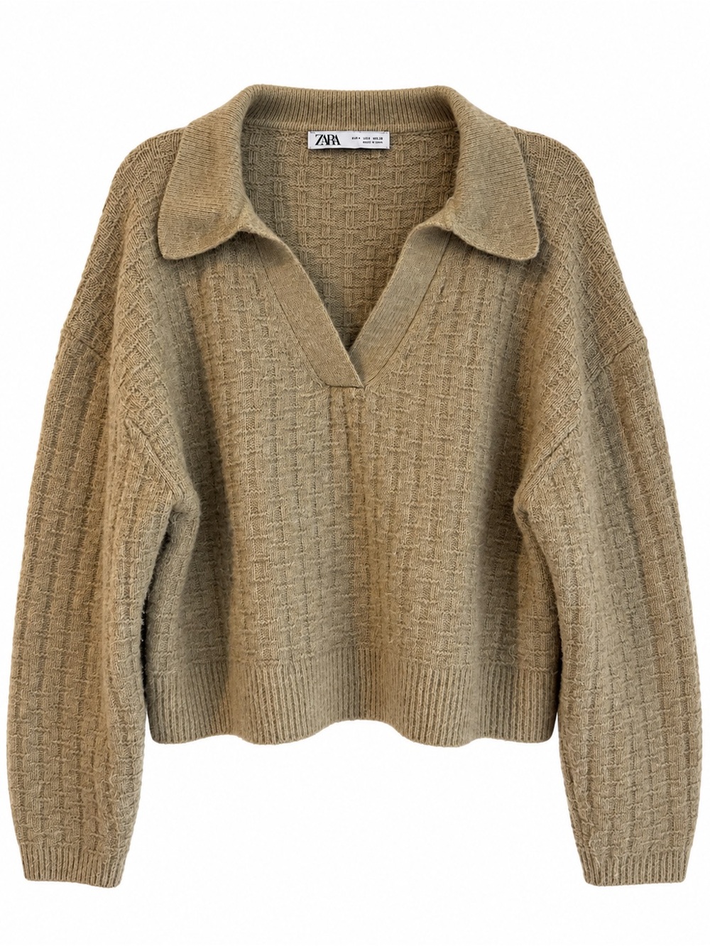 Zara Tan V‑Neck Polo Knit Sweater